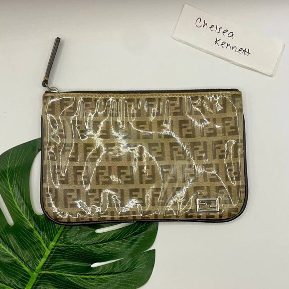 Fendi Zucca Monogram PVC Pouch Wallet Clutch Bag Cometic Toiletry F Logo Print - Picture 1 of 11